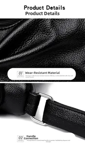 Dettaglio della texture in pelle nera a grana e connettori metallici per il manico