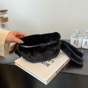 Faux Fur Plush Waist Bag Women Crossbody Belt Bag With Tail Decor Casual Fashion Winter Accessory