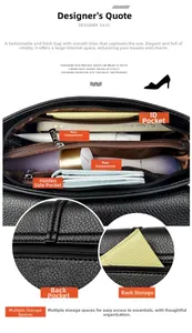 Détails intérieurs du sac en cuir noir avec compartiments multiples et poches zippées