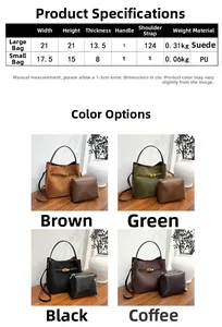 Guide des tailles pour sac seau en daim avec dimensions et poids des deux compartiments