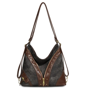 Zaino tote vintage grigio scuro con inserto in pelle a V e borchie dorate