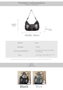Tableau des tailles et détails techniques pour le sac à bandoulière en denim délavé