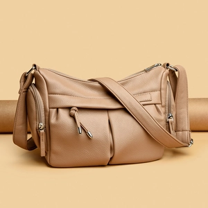 Borsa a tracolla in pelle martellata kaki retrò con design multi-zip e cinturino