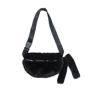Faux fur black crossbody waist bag with silver zipper and decorative plush tails