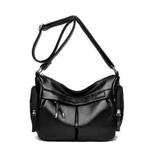 Borsa a tracolla retrò in pelle nera da donna con dettagli plissettati e tasche laterali