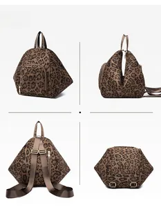 Multi-angle views showing leopard print backpack texture and metallic zipper details