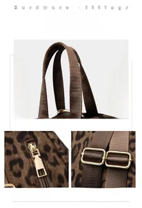 Detail of leopard print bag showing handle design, metal zippers and adjustable buckles