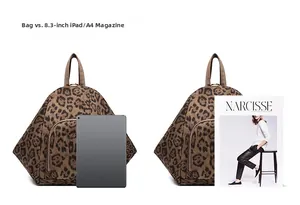 Size comparison of leopard print backpack with 8.3-inch iPad and A4 magazine