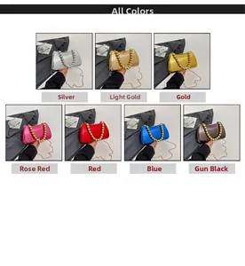Detailed grid display of evening clutch bags in seven metallic colors with chain straps
