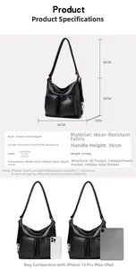 Detailed size specifications for the vintage leather shoulder bag with compartment layout