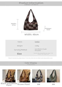 Detailed size chart for retro checkerboard shoulder bag with four color options