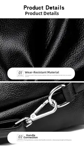 Detail showing durable lychee grain leather texture and silver metallic hook hardware