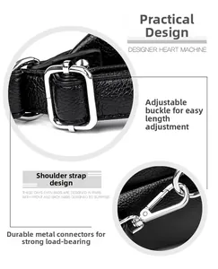 Detail of silver-tone zinc alloy buckle and hooks on black lychee grain leather strap
