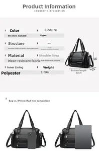 Detailed size comparison of the multi-pocket handbag with iPhone and iPad mini
