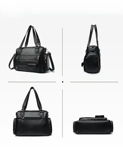Detailed four-way view showing multi-pocket black crossbody bag with silver hardware