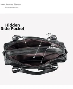 Detail view of the multi-pocket interior structure and functional compartments of this handbag