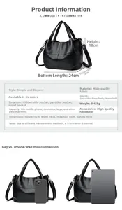 Detailed dimension guide for black leather tote bag with interior compartment layout
