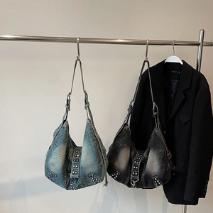 Sac Hobo En Jean Pour Femme Grande Capacité Sac À Épaule En Denim Délavé Avec Rivets Rétro Y2K Streetwear Punk
