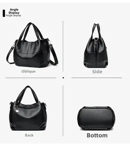 Detailed views of black pebble leather tote bag with handles and detachable strap