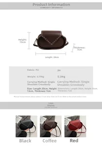 Detailed size specifications and color options for the vintage PU leather shoulder bag