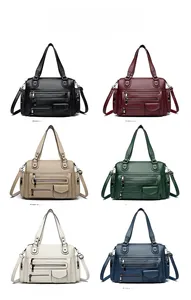 Professional color display of multi-pocket leather handbags in six various fashion shades