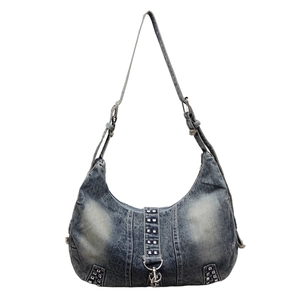 Sac hobo en denim gris foncé avec clous argentés et bandoulière réglable