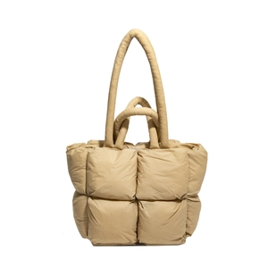 Chic beige puffer tote bag with quilted square design and dual shoulder straps