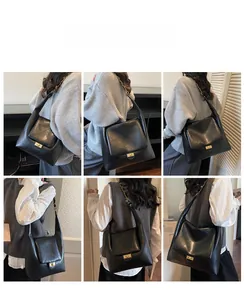Six angles of black quilted shoulder bag with gold chain strap on model
