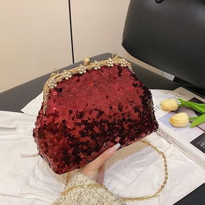 Glossy burgundy sequin clutch bag with pearl rhinestone clasp and gold chain strap