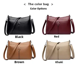 Detailed view of four textured leather handbags in black, red, brown, and khaki colors
