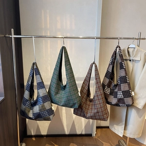Vintage Plaid Hobo Bag Large Capacity Fabric Checked Shoulder Tote Bag For Women Retro Casual Urban Simple Handbag