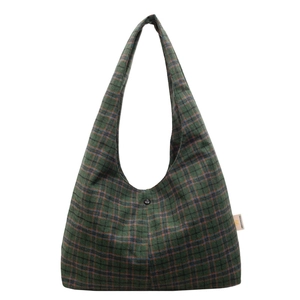 Deep green plaid canvas shoulder bag with retro checkers and button closure