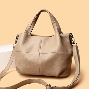 Classic beige lychee grain leather tote bag with four-grid stitching and crossbody strap