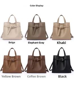 Detailed grid view of six colored soft leather tote bags with litchi grain texture