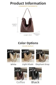 Tabella taglie dettagliata della borsa tote in pelle minimalista con misure e 5 colori