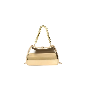 Golden mirror evening clutch bag with beaded handle and thin metal chain strap