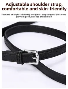 Detail of adjustable black litchi leather strap with a silver square metal buckle