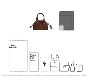Detailed view of brown polka dot handbag showing capacity for phone and daily items