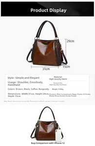 Detailed size comparison and specifications of the brown tote bag against an iPhone 12