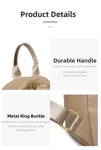 Detail of beige pebbled leather backpack showing reinforced handle and gold ring hardware
