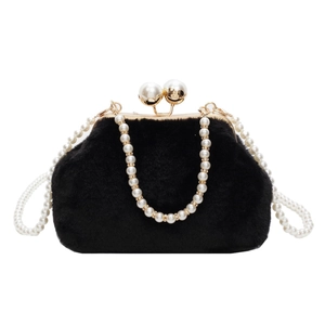 Sac à main élégant en fausse fourrure noire avec chaîne en perles et fermoir vintage