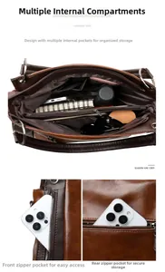 Detail view of large tote bag interior compartments and external functional zippers