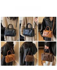 Collage de sacs Boston rétro en noir, marron et café montrant différents styles de tenues