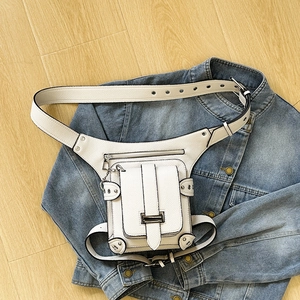 Retro white faux leather waist leg bag with functional pockets on denim jacket