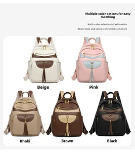 Detailed showcase of high-capacity backpacks in cream, pink, khaki, brown, and black options