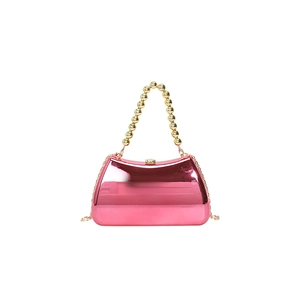 Pink metallic mirror evening clutch bag with gold beaded handle and chain strap
