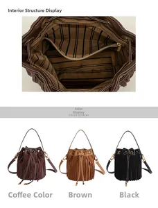 Close-up of fringe bucket bag interior lining and multiple color options display