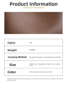 Detailed macro view of brown lychee grain PU leather texture with specifications