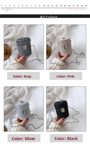 Mini cylindrical glitter chain bag in four metallic colors with scale for size reference