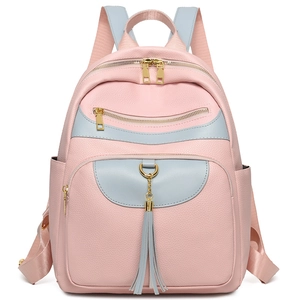 Pink and blue large capacity outdoor backpack in textured faux leather with tassel